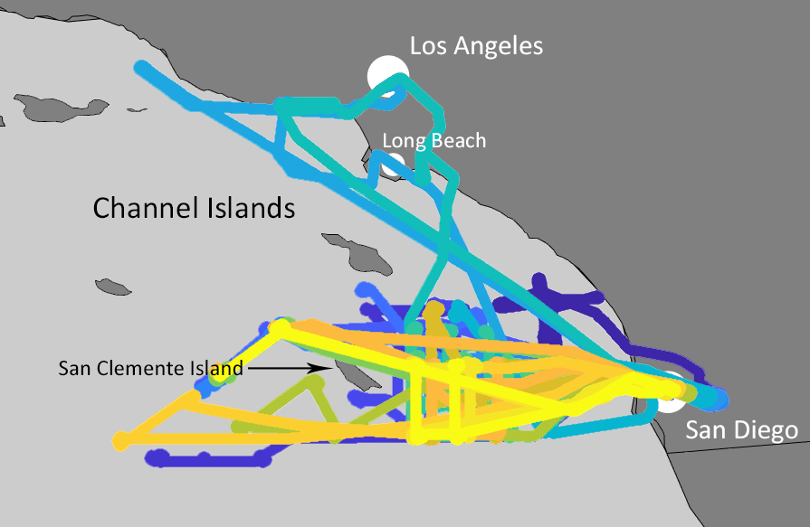 Map of Southern California shows Los Angeles, Long Beach, San Diego, and the Channel Islands in the Pacific Ocean, with a series of flight tracks crossing over the islands and the San Diego and Los Angeles areas