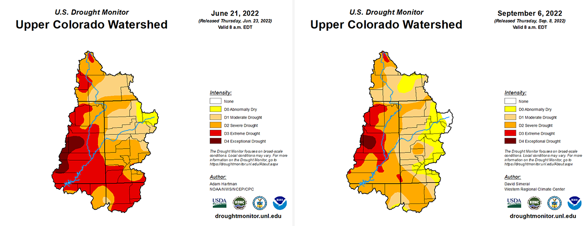 U.S. Drought Monitor maps list the following labels of intensity: None, D0 Abnormally Dry, D1 Moderate Drought, D2 Severe Drought, D3 Extreme Drought, and D4 Exceptional Drought. Drought intensity lessened between June 21 and December 6 in the Upper Colorado Watershed.