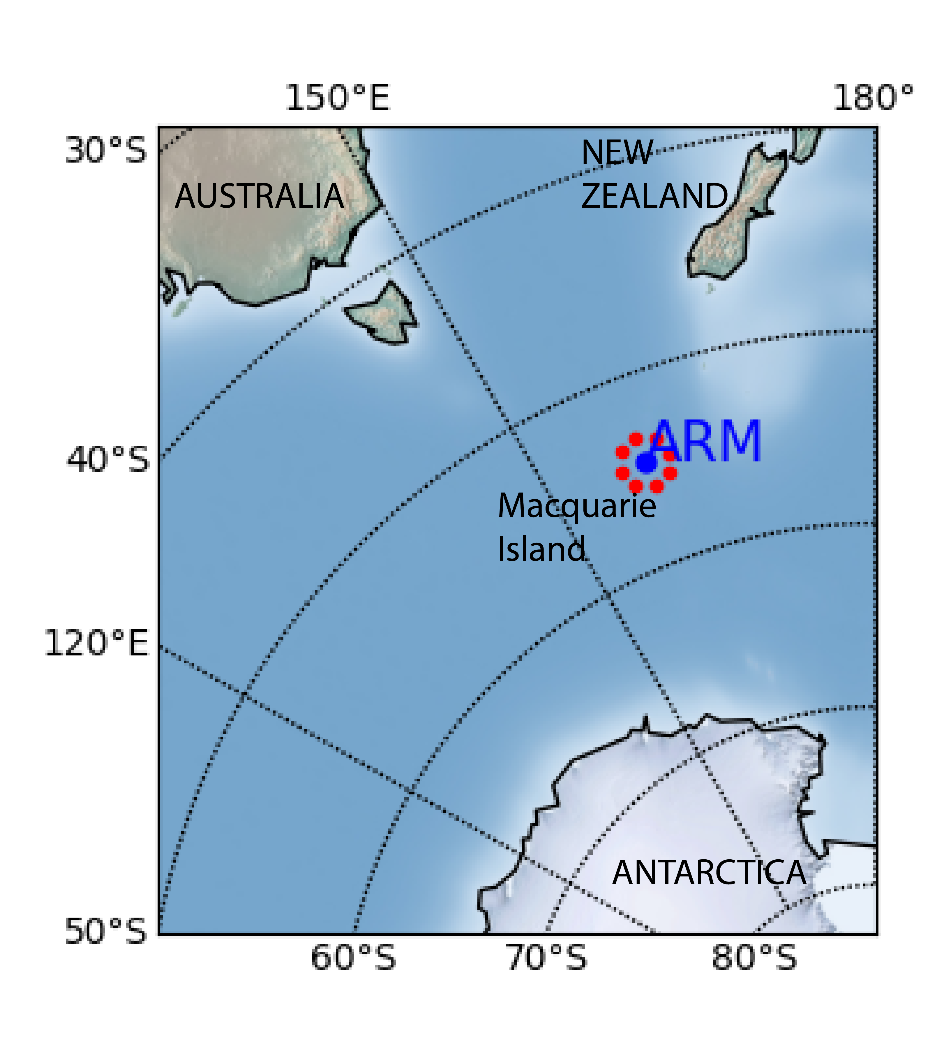 A map shows the ARM site on Macquarie Island between Australia, New Zealand, and Antarctica.