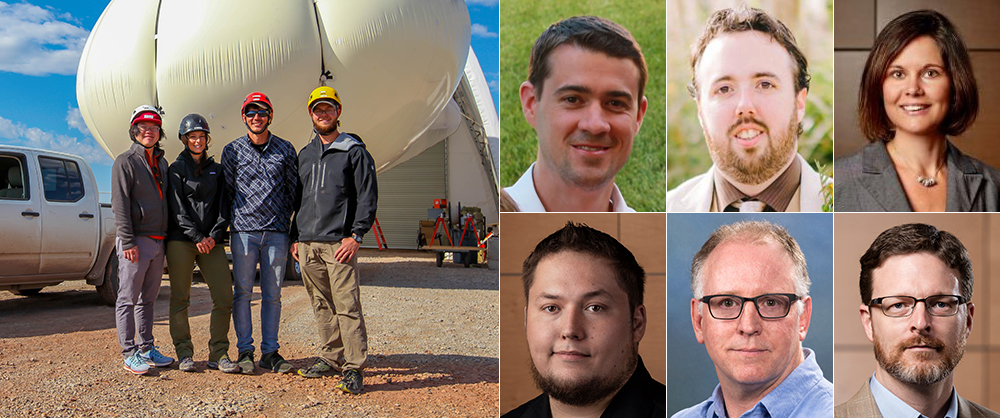 Left photo: Pictured from left to right are principal investigator Chongai Kuang with tethered balloon system team members Dari Dexheimer, Garth Rohr, and Casey Longbottom. Right photos: Members of the ARM Data Services team include (top row, left to right) Sherman Beus, Mitchell Broughton, Maggie Davis, (bottom row, left to right) Kyle Dumas, Brad Perkins, and Harold Shanafield.
