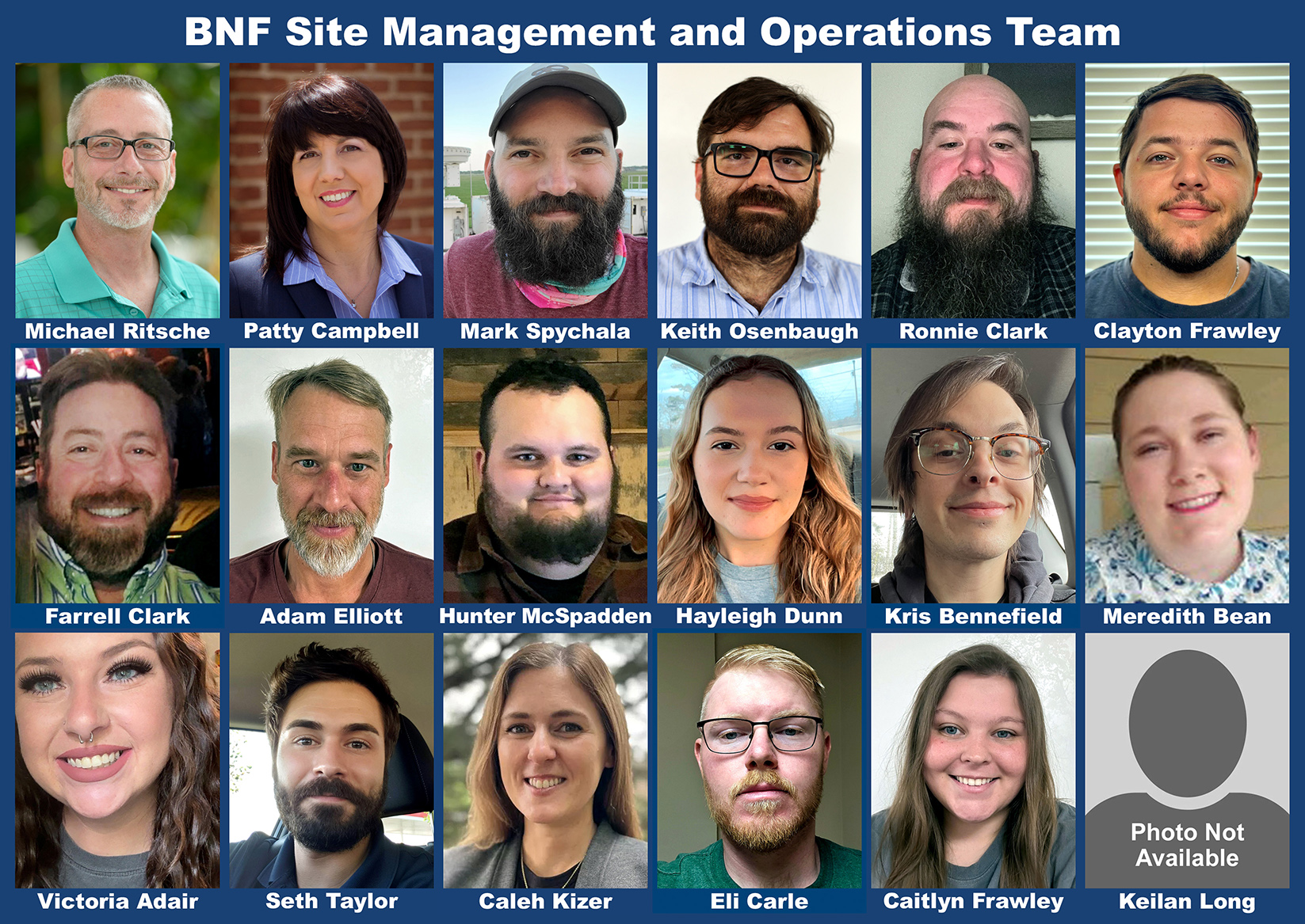 The BNF site management and operations team graphic consists of three rows of six photos/images. From left to right, the top row is Michael Ritsche, Patty Campbell, Mark Spychala, Keith Osenbaugh, Ronnie Clark, and Clayton Frawley. The middle row is Farrell Clark, Adam Elliott, Hunter McSpadden, Hayleigh Dunn, Kris Bennefield, and Meredith Bean. The bottom row is Victoria Adair, Seth Taylor, Caleh Kizer, Eli Carle, Caitlyn Frawley, and a silhouette with "photo not available" to represent Keilan Long's unavailable photo.