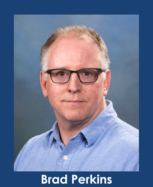 Headshot of Brad Perkins with his name underneath and a blue frame around the photo