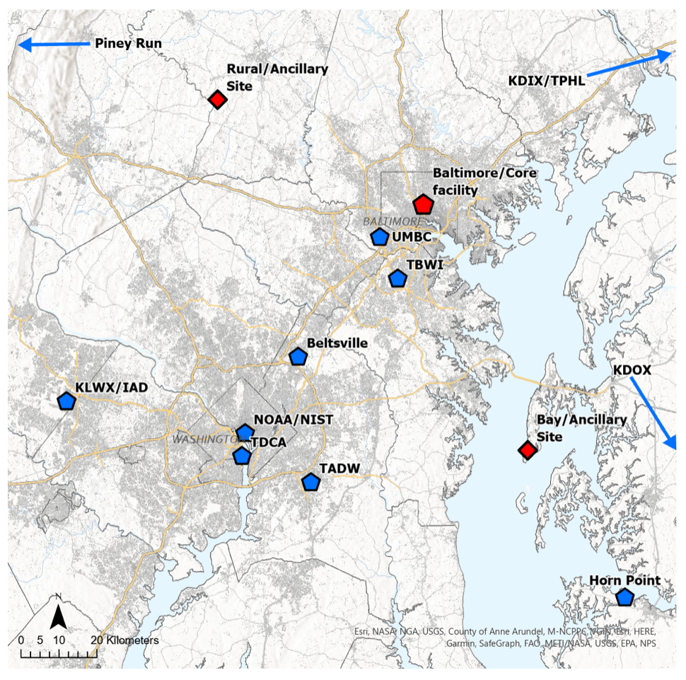 A map indicates different sites around the Baltimore/Washington, D.C., region.