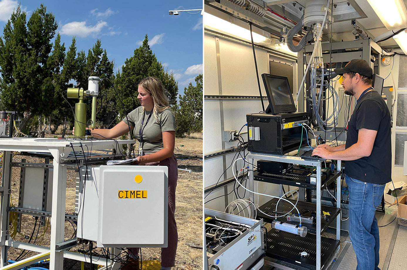 Side-by-side photos of Savannah Byron working outside on a Cimel sunphotometer and Juarez Viegas standing at a computer monitor and typing inside an instrument container