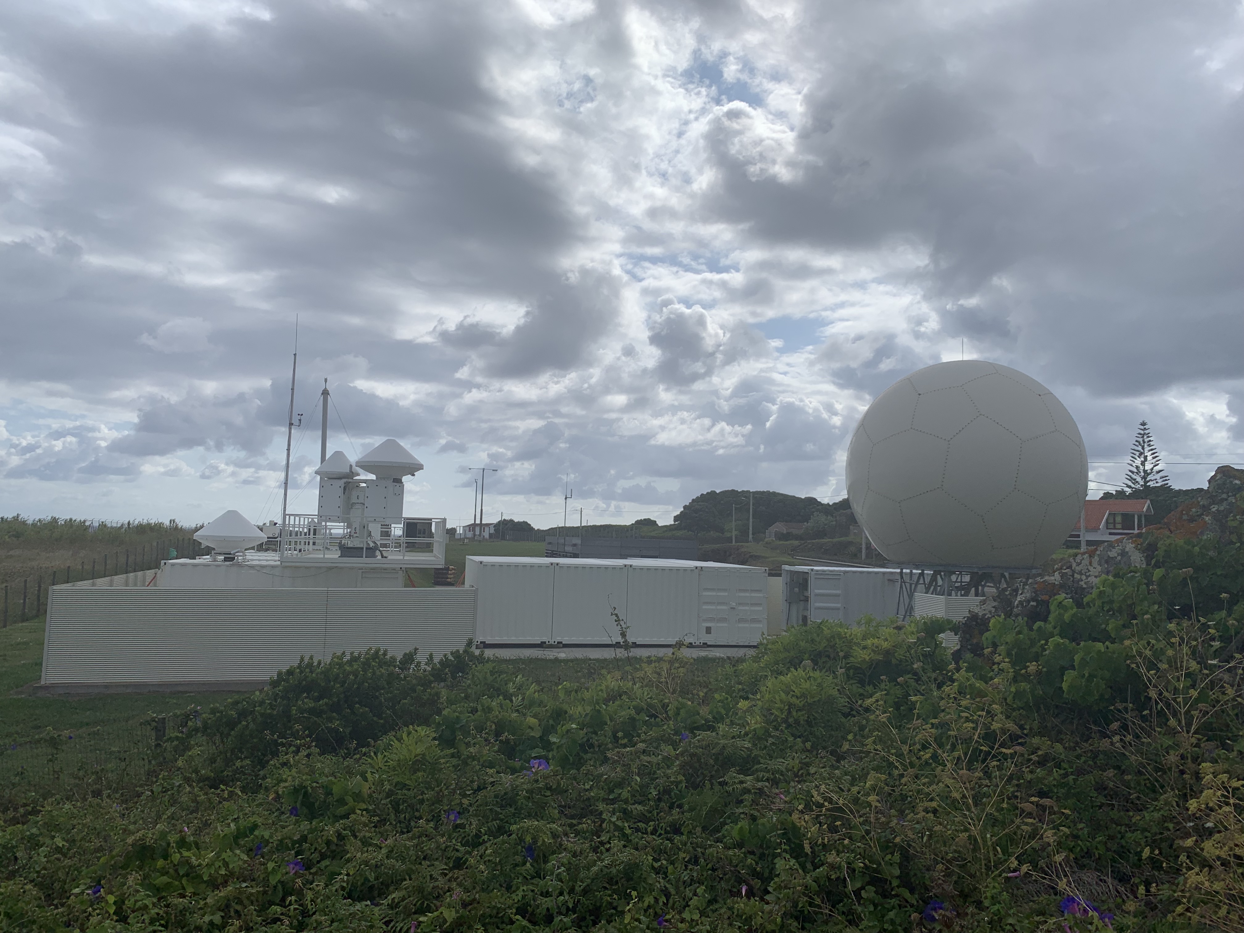 Eastern North Atlantic atmospheric observatory with clouds overhead and plants in the foreground