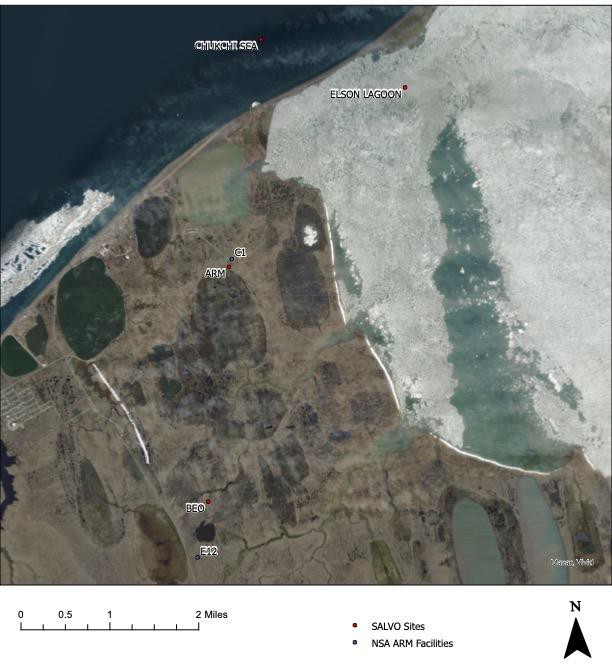 An aerial view of a section of the North Slope of Alaska. Land, shoreline, and ocean are seen.