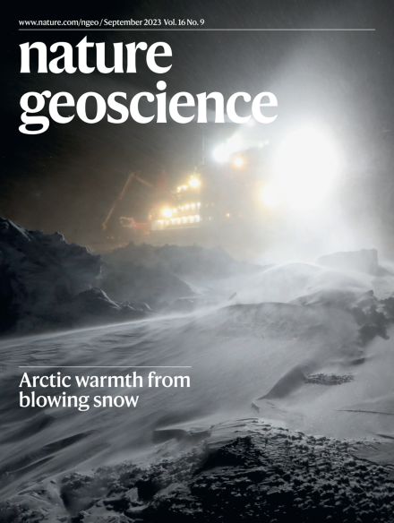 Cover of Nature Geoscience shows light shining from the R/V Polarstern as snow blows in the central Arctic