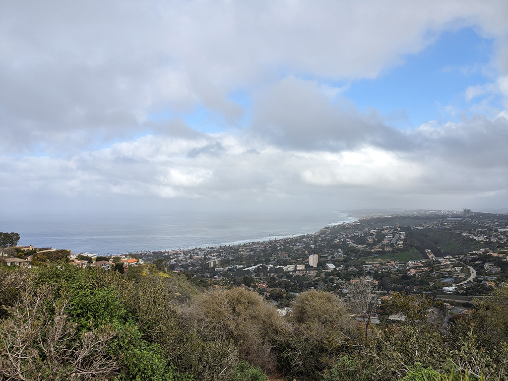 Clouds shroud part of the Pacific Ocean along the coast of La Jolla, California.