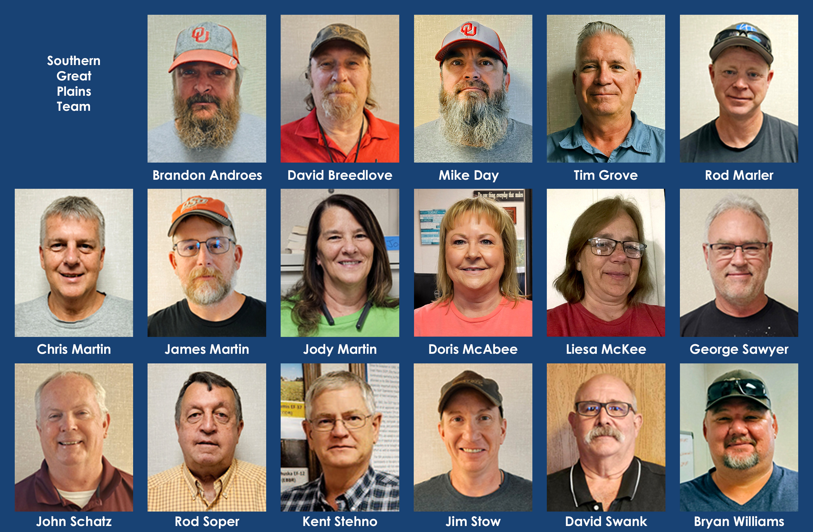 This image consists of three horizontal rows of headshots with the subjects' names underneath each picture and blue framing around the photos. The top row contains headshots of Brandon Androes, David Breedlove, Mike Day, Tim Grove, and Rod Marler. The text "Southern Great Plains Team" is to the left of Brandon's picture. The second row contains headshots of Chris Martin, James Martin, Jody Martin, Doris McAbee, Liesa McKee, and George Sawyer. The bottom row contains headshots of John Schatz, Rod Soper, Kent Stehno, Jim Stow, David Swank, and Bryan Williams.