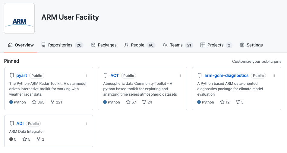 Screenshot of ARM-DOE GitHub page shows repositories for the Python ARM Radar Toolkit, Atmospheric data Community Toolkit, ARM's Python-based data-oriented diagnostics package for climate model evaluation, and the ARM Data Integrator