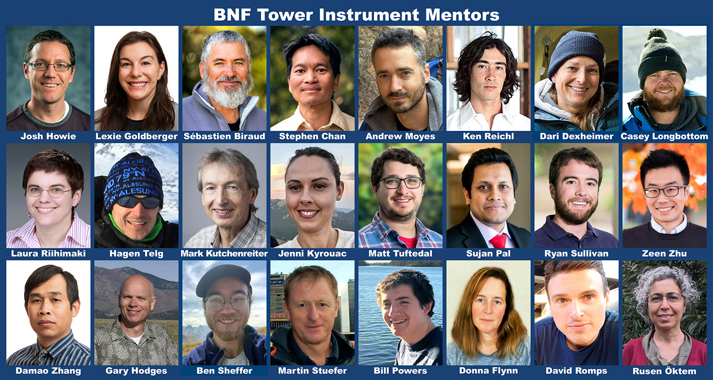 The BNF tower instrument mentor graphic consists of three rows of eight photos. From left to right, the top row is Josh Howie, Lexie Goldberger, Sébastien Biraud, Stephen Chan, Andrew Moyes, Ken Reichl, Dari Dexheimer, and Casey Longbottom. The middle row is Laura Riihimaki, Hagen Telg, Mark Kutchenreiter, Jenni Kyrouac, Matt Tuftedal, Sujan Pal, Ryan Sullivan, and Zeen Zhu. The bottom row is Damao Zhang, Gary Hodges, Ben Sheffer, Martin Stuefer, Bill Powers, Donna Flynn, David Romps, and Rusen Öktem.