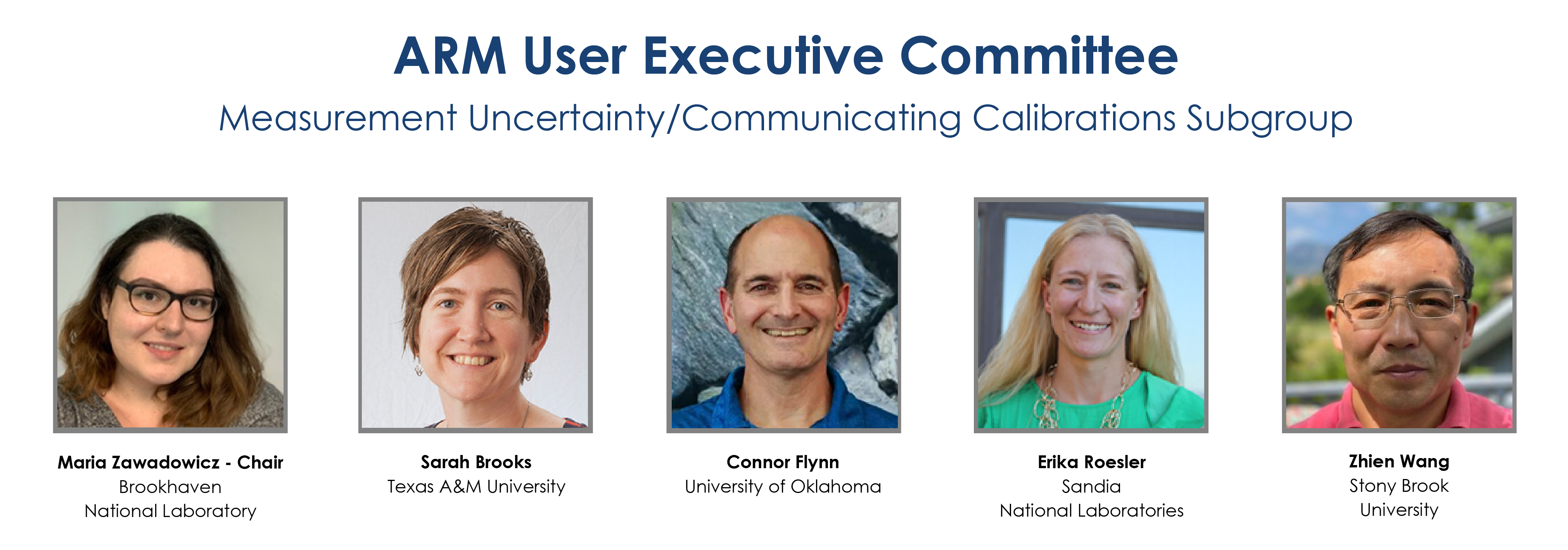 The ARM User Executive Committee Measurement Uncertainty and Communicating Calibrations Subgroup consists of chair Maria Zawadowicz, Sarah Brooks, Connor Flynn, Erika Roesler, and Zhien Wang. Photos are courtesy of the members and their institutions.