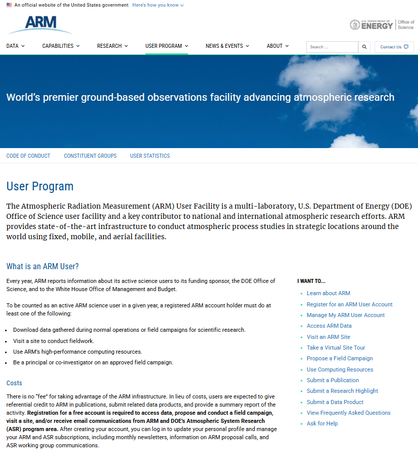 The ARM website has six navigation tabs at the top of each page with a search bar and a Contact Us button. The User Program page includes information on what an ARM user is, the costs of using ARM (no fee), and links to forms, instructions, and other important pages for users. The page has additional navigation tabs for Code of Conduct, Constituent Groups, and User Statistics.